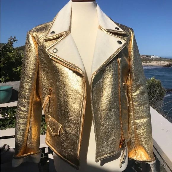 Moschino Couture Metallic Gold, faux leather & pure wool biker jacket